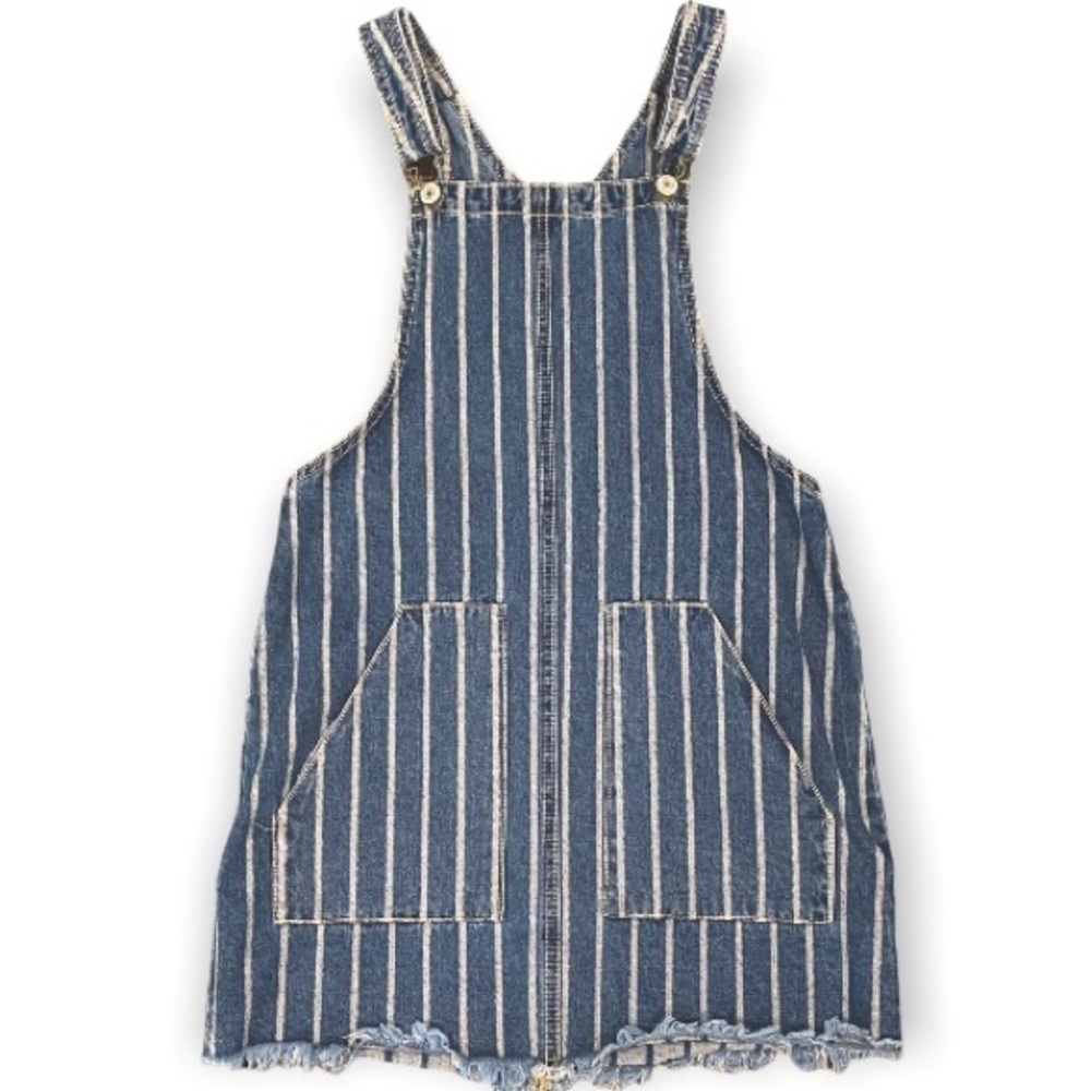 Sky And Sparrow Denim Jumper Short Dress Overalls Striped Frayed Hem Size Small - Picture 2 of 6